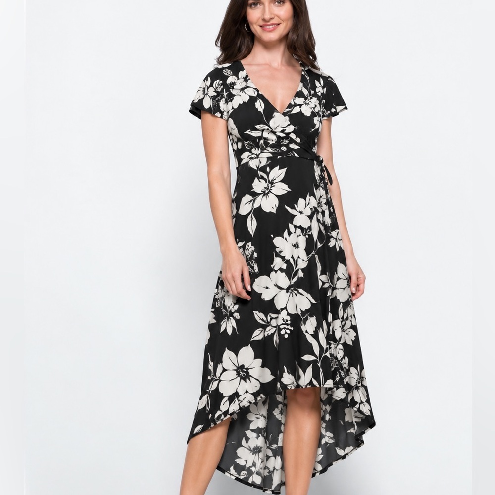 Black and white floral maxi flowy dress with tie waist
